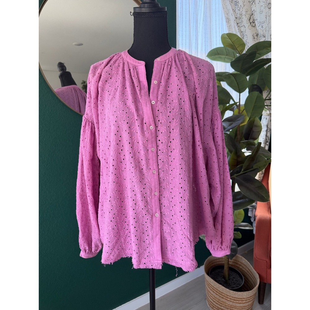 Free People Eyelet Balloon‎ Sleeve Button Down Blouse Top Size XS Purple Pink